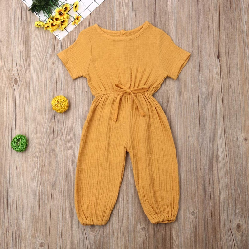 Mubineo Toddler Baby Girl Summer Fall Basic Plain Short Sleeve Cotton Linen Drawstring Romper Jumpsuit (Mustard Yellow, 3-4T) - Image 2